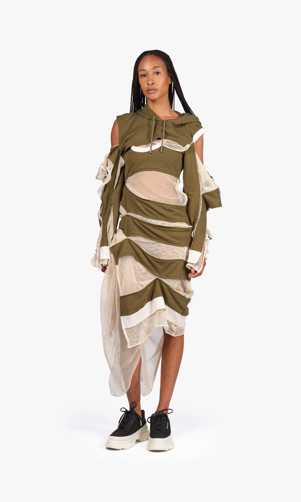 SIEGENTHALER | Full front view of the V1 dress in olive and cream, combining deconstructed mesh layers with raw jersey bands and asymmetrical slits.