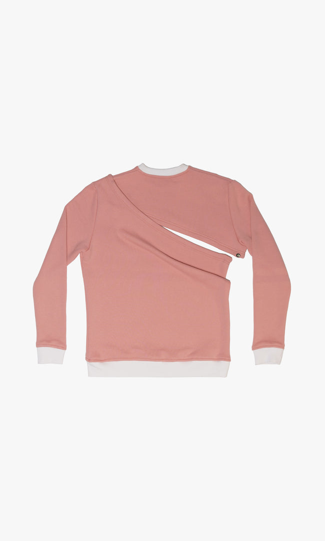 SIEGENTHALER | Back view of the unisex asymmetrical sweatshirt in rose tan, displaying the seamless construction and harness detail in white ribbing.