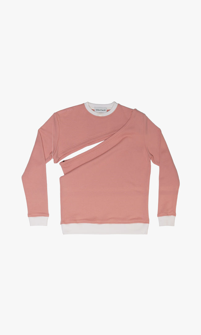 SIEGENTHALER | Front view of the unisex asymmetrical sweatshirt in rose tan, showcasing its two-piece design with cut-out details and classic fit in 100% cotton felpa.