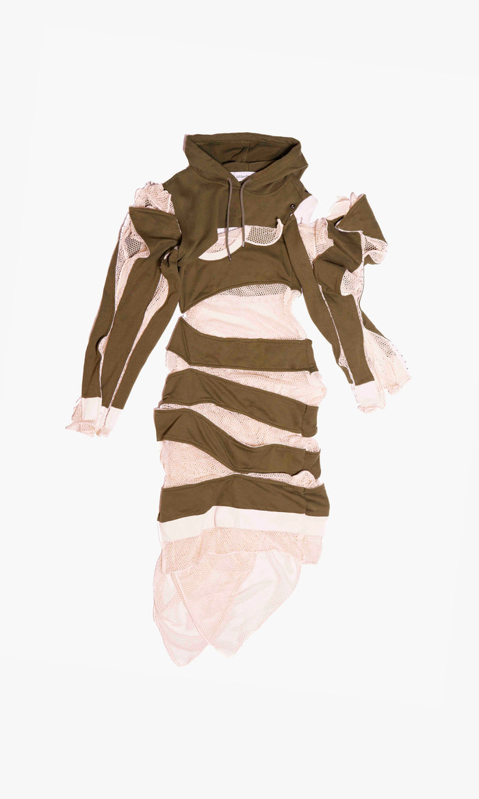 SIEGENTHALER | Full front view of the V1 dress in olive and cream, combining deconstructed mesh layers with raw jersey bands and asymmetrical slits.