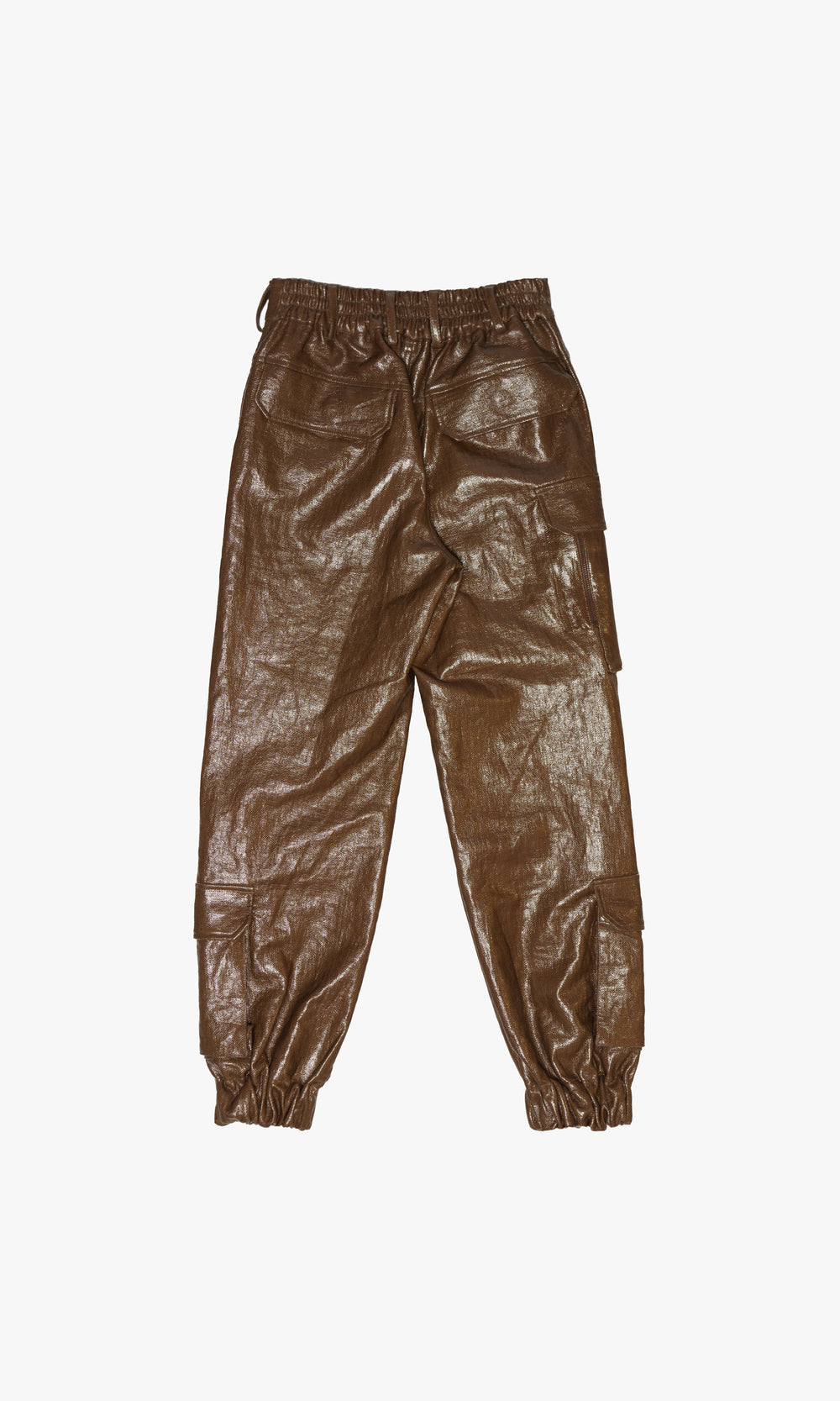 SIEGENTHALER | Back view of the unisex cargo pants in rubber brown, displaying the high-waisted silhouette and reinforced stitching for extra durability.