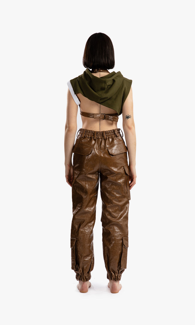 SIEGENTHALER | Back view of the unisex cargo pants in rubber brown, displaying the high-waisted silhouette and reinforced stitching for extra durability.