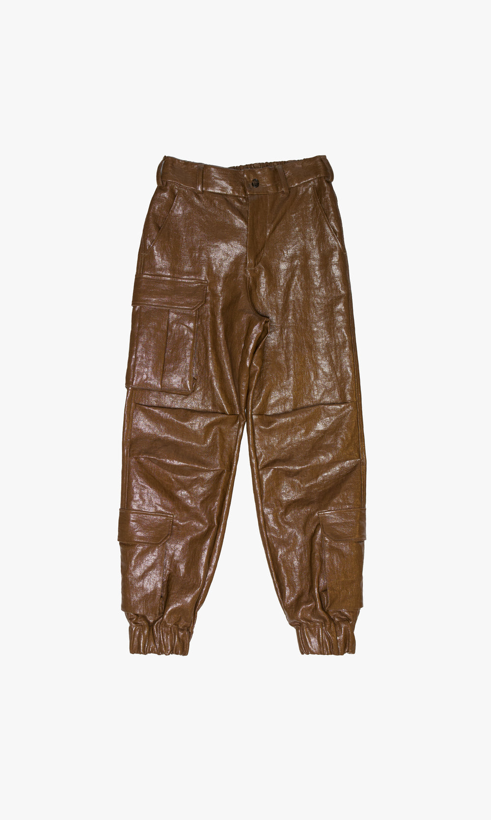 SIEGENTHALER | Front view of the unisex high-waisted cargo pants in rubber brown, showcasing their structured fit and durable coated linen canvas fabric.