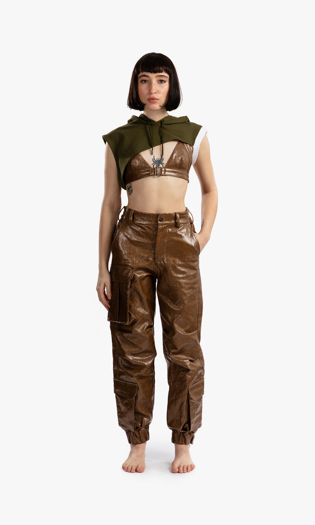 SIEGENTHALER | Front view of the unisex high-waisted cargo pants in rubber brown, showcasing their structured fit and durable coated linen canvas fabric.