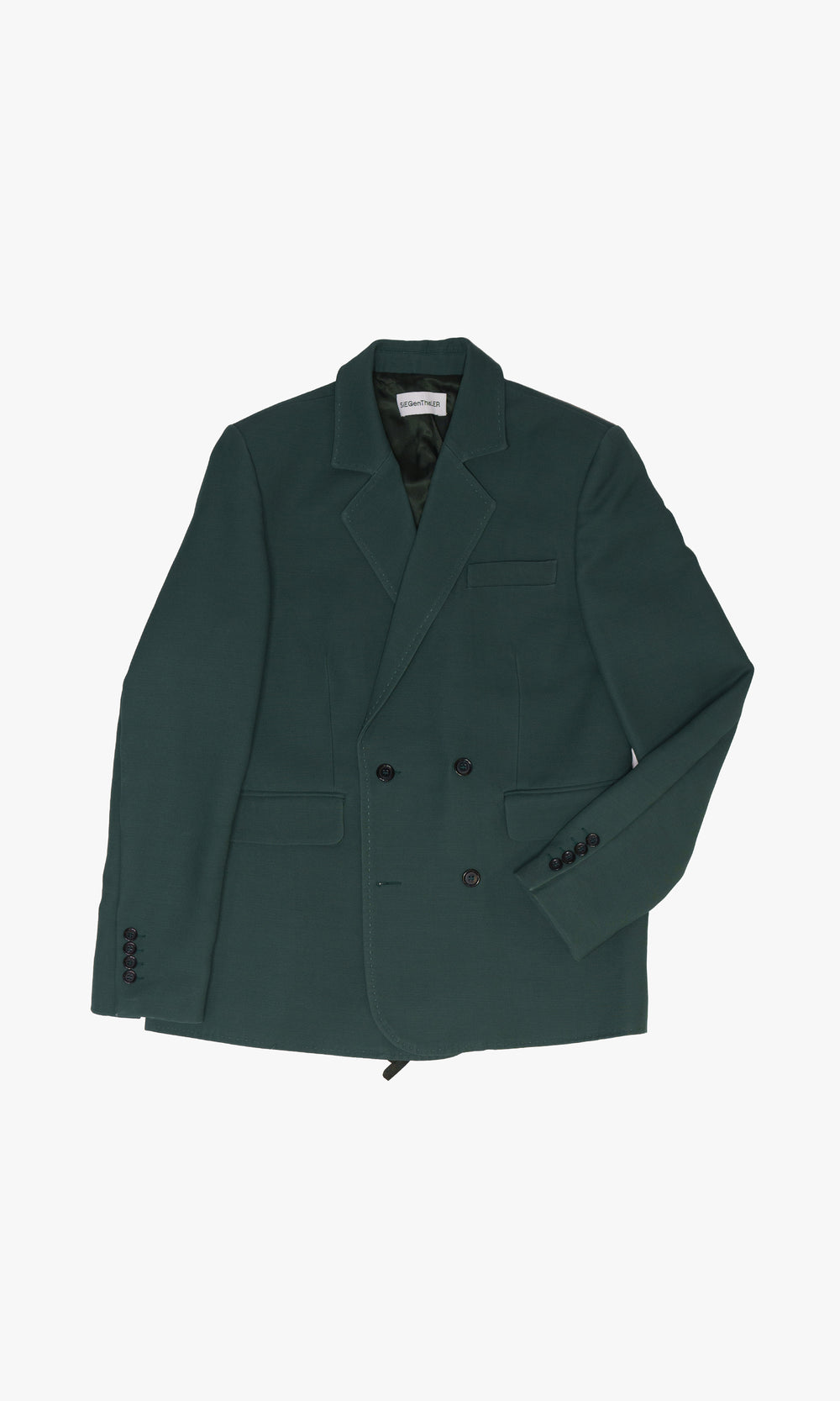 SIEGENTHALER | Front view of the unisex double-breasted suit jacket in dark green wool-silk mikado, showcasing its straight fit and notched lapel.