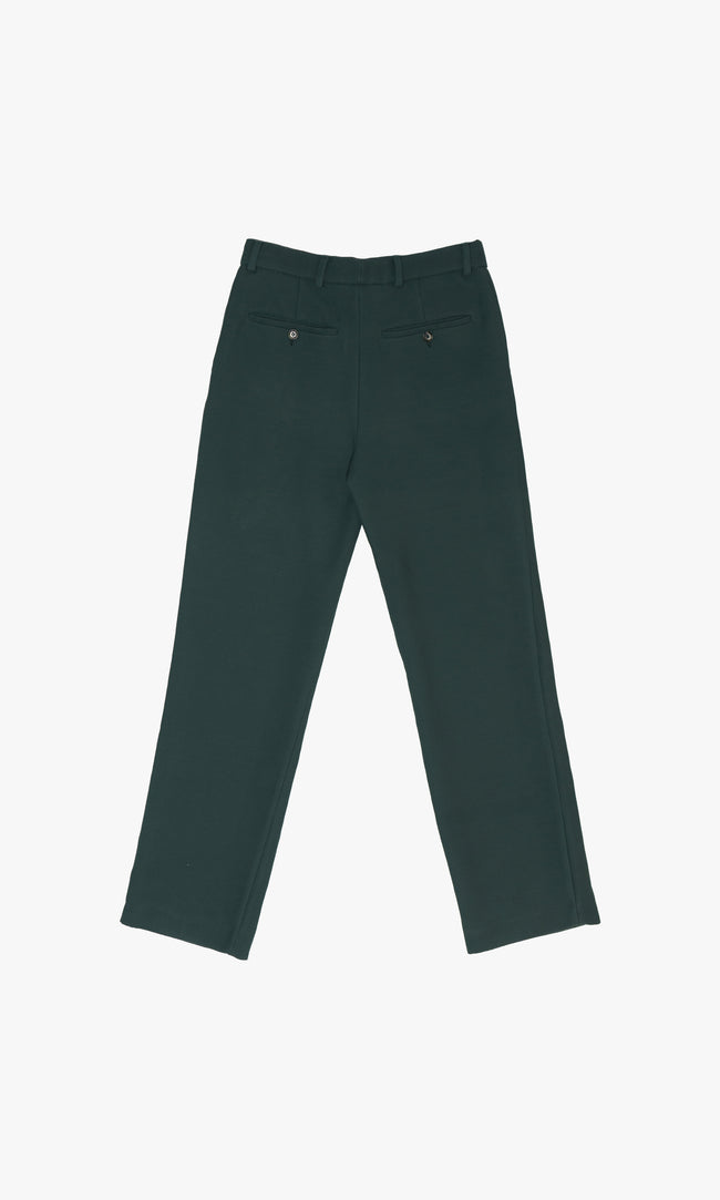 SIEGENTHALER | Rear view of tailored pants in dark green, featuring two single welt pockets with button closures and meticulous topstitching.