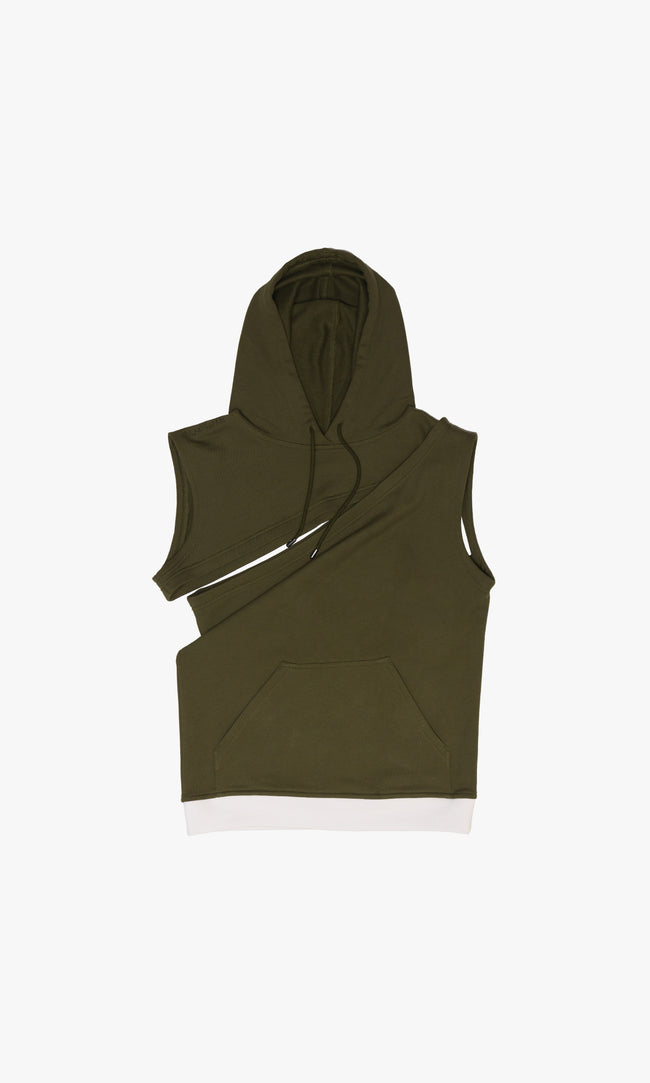 SIEGENTHALER | Flat front view of the HILDEGARD Hoodie, showing the asymmetric cut, kangaroo pocket, and white ribbed hem. A minimalist silhouette with a twisted construction.