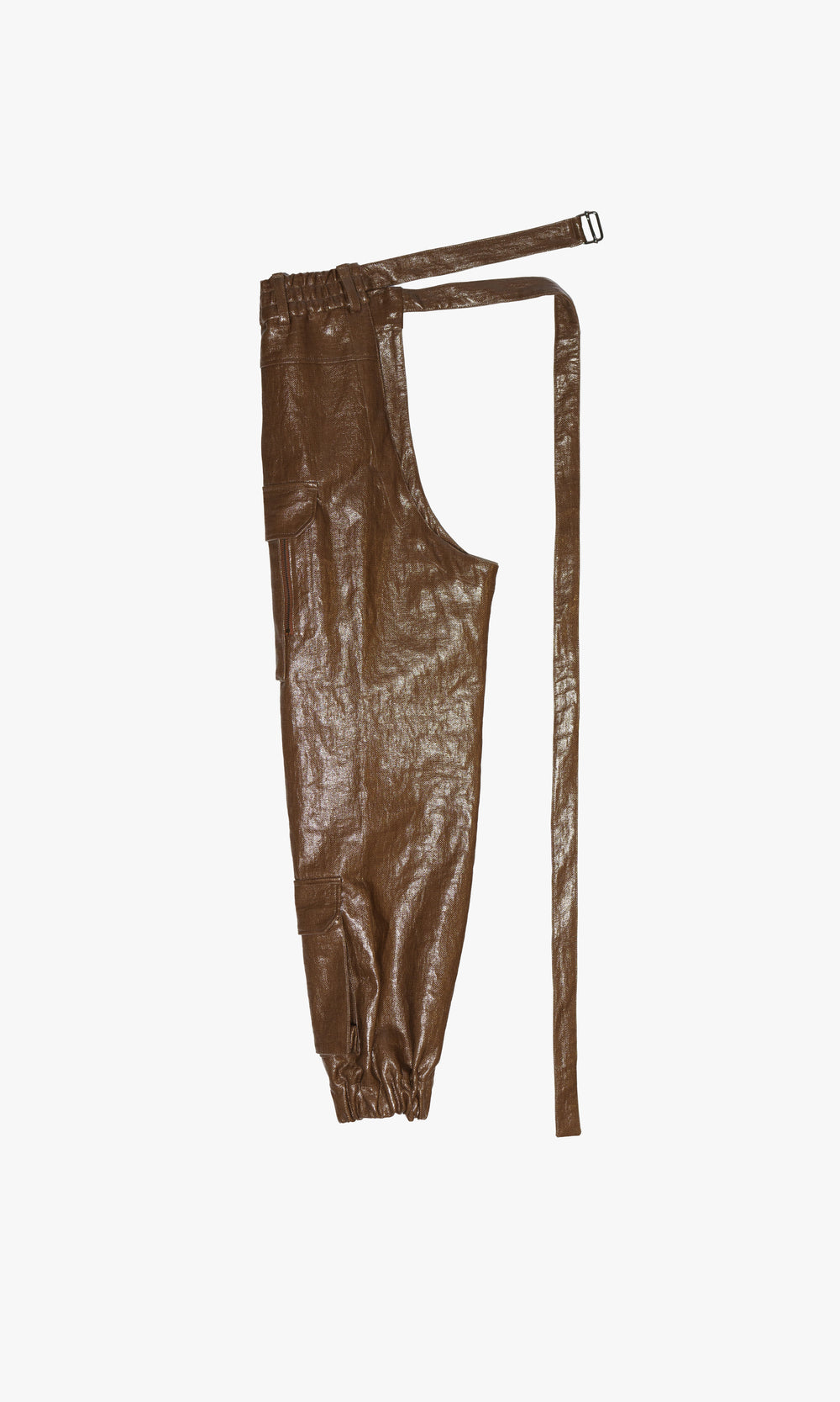 SIEGENTHALER | Back view of the cargo chap in rubber brown, displaying the relaxed fit and rear design details in coated linen canvas.