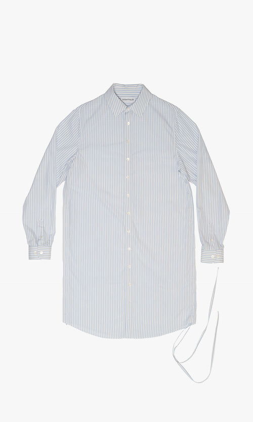 SIEGENTHALER | Front view of the unisex oversized Bahamut Shirt in blue and white stripes, showcasing its formal long sleeves and asymmetrical design in 100% cotton poplin.
