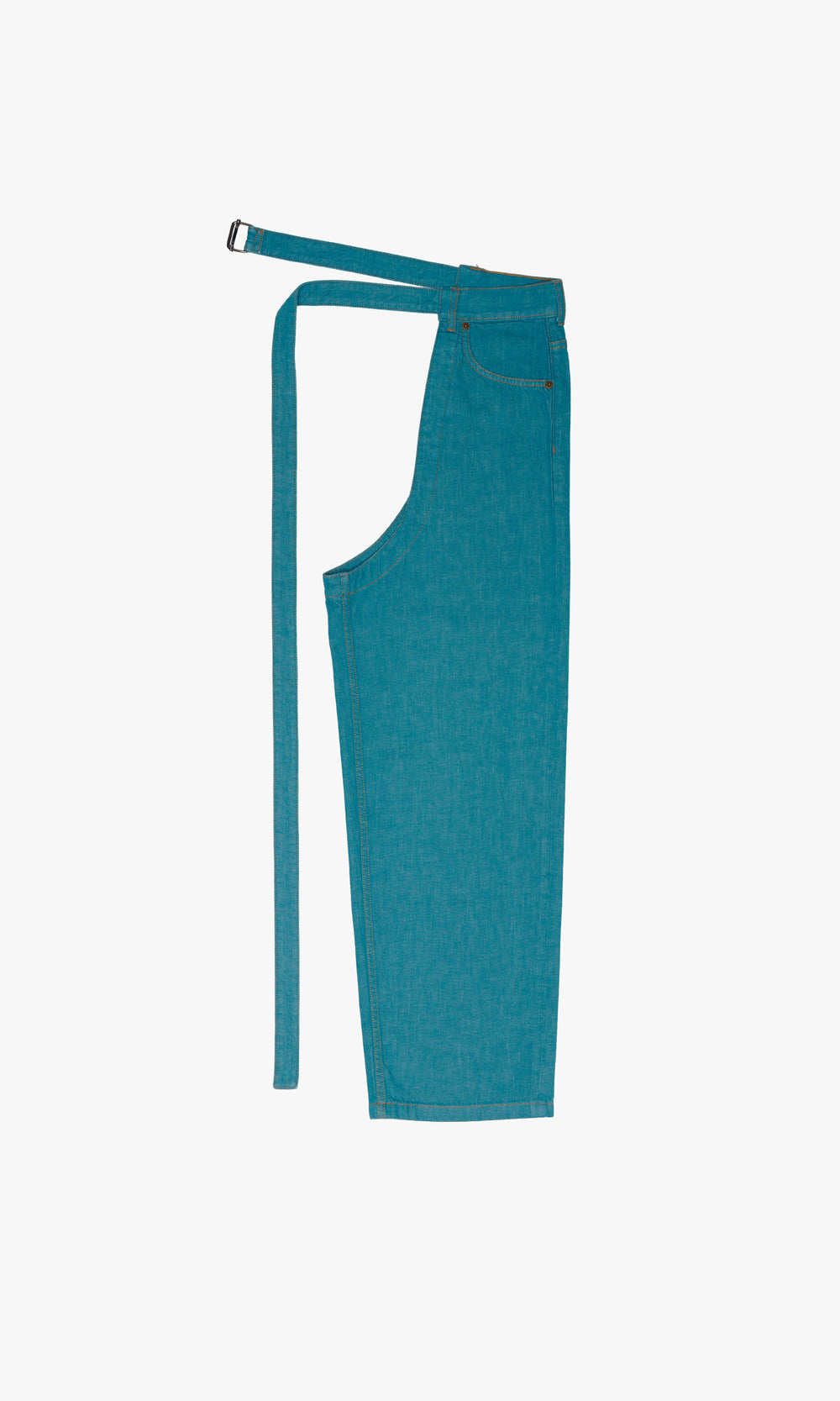 SIEGENTHALER | Front view of the unisex high-waisted denim chap in storm blue 100% cotton, showcasing its straight-cut design and beige topstitching.