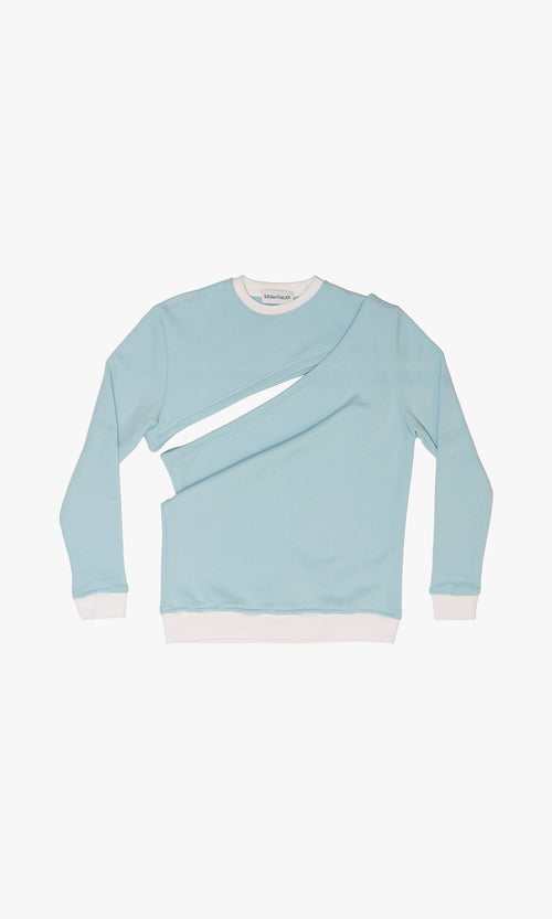 SIEGENTHALER | Front view of the unisex asymmetrical sweatshirt in porcelain blue, showcasing its two-piece design with cut-out details and classic fit in 100% cotton felpa.