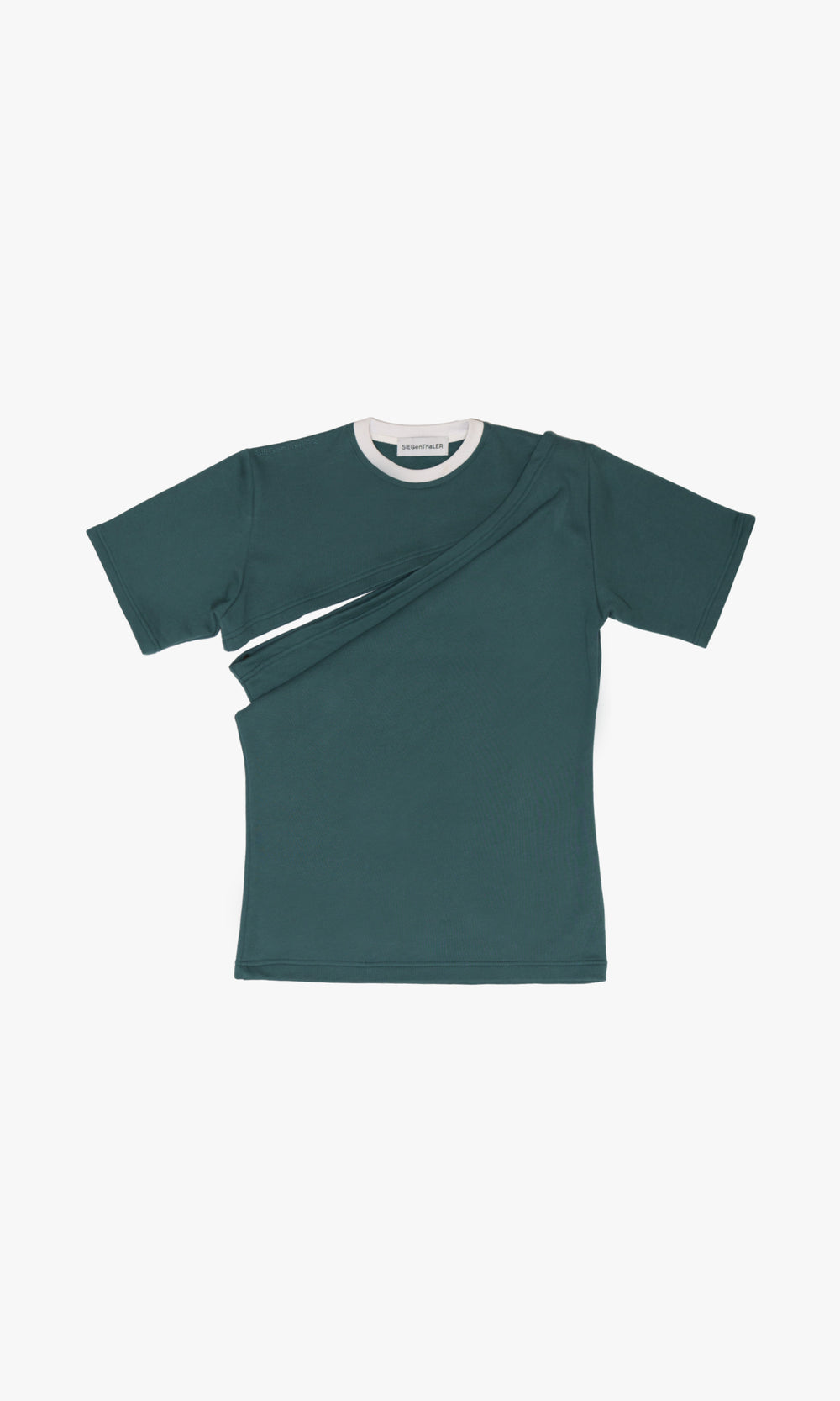 SIEGENTHALER | Front view of the Hildegard T-Shirt in Balsam Green, showcasing its two-piece asymmetrical design and classic fit in 100% cotton felpa.