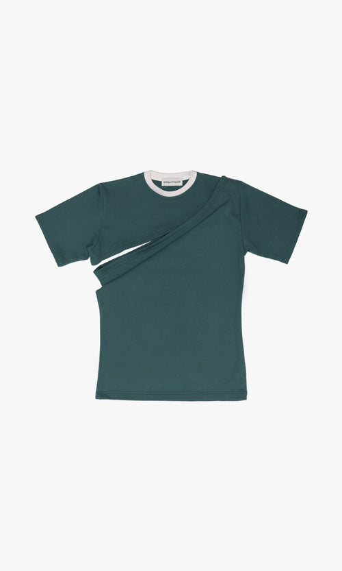 SIEGENTHALER | Front view of the Hildegard T-Shirt in Balsam Green, showcasing its two-piece asymmetrical design and classic fit in 100% cotton felpa.