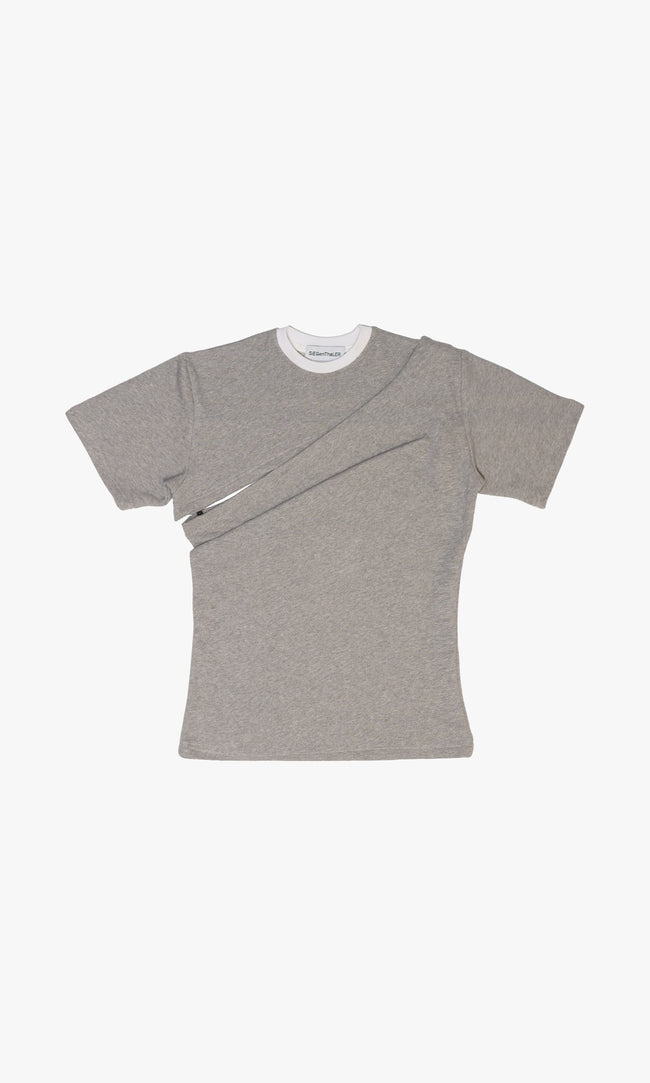 SIEGENTHALER | Front view of the Hildegard T-Shirt in Grey Melange, showcasing its two-piece asymmetrical design and classic fit in 100% cotton.